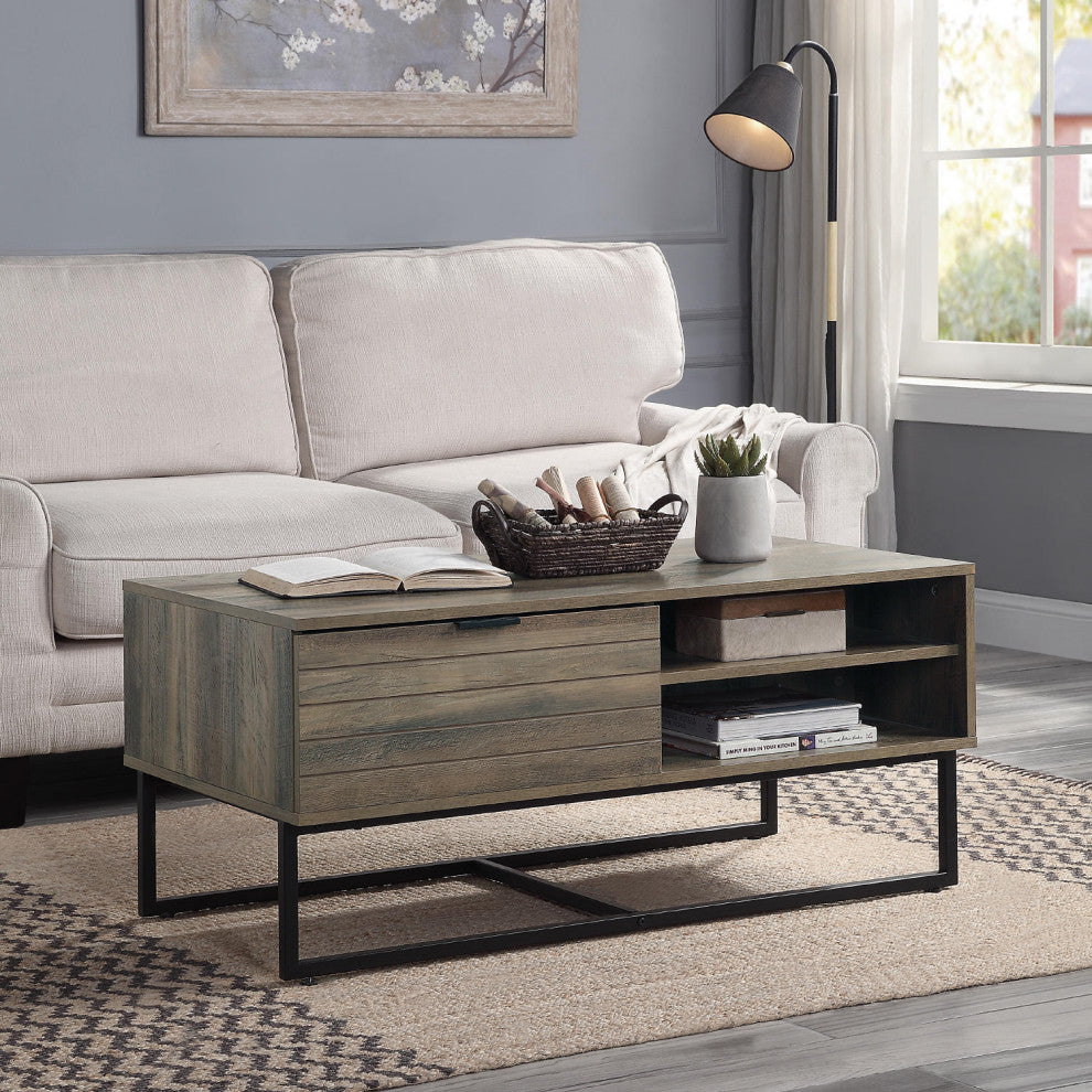 Coffee Table With 2 Open Compartments, Rustic Oak and Black
