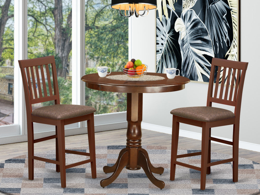 3 Pc Dining Counter Height Set - Dining Table, 2 Counter Height Chairs, Mahogany
