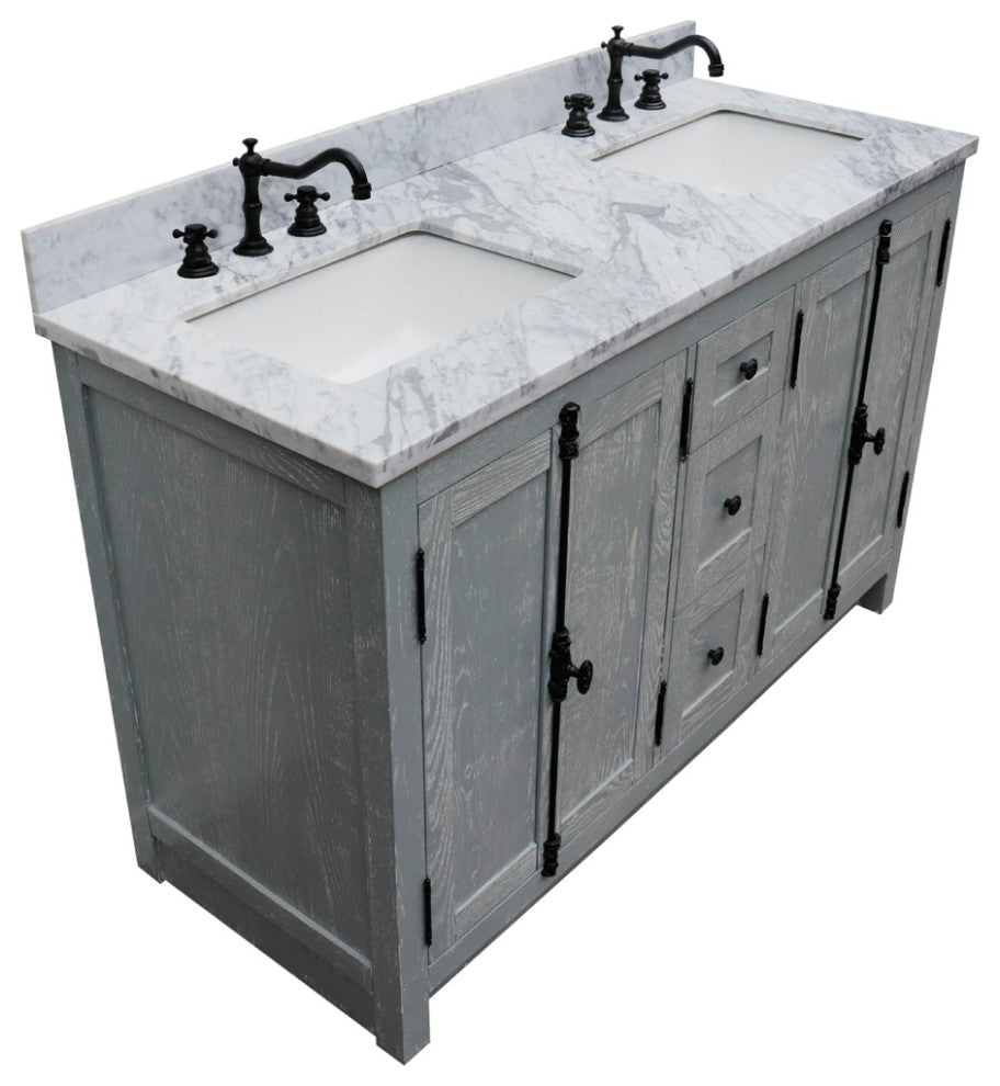 55" Double Vanity, Gray Ash With White Carrara Marble, Mirrors & Rectangle Sinks