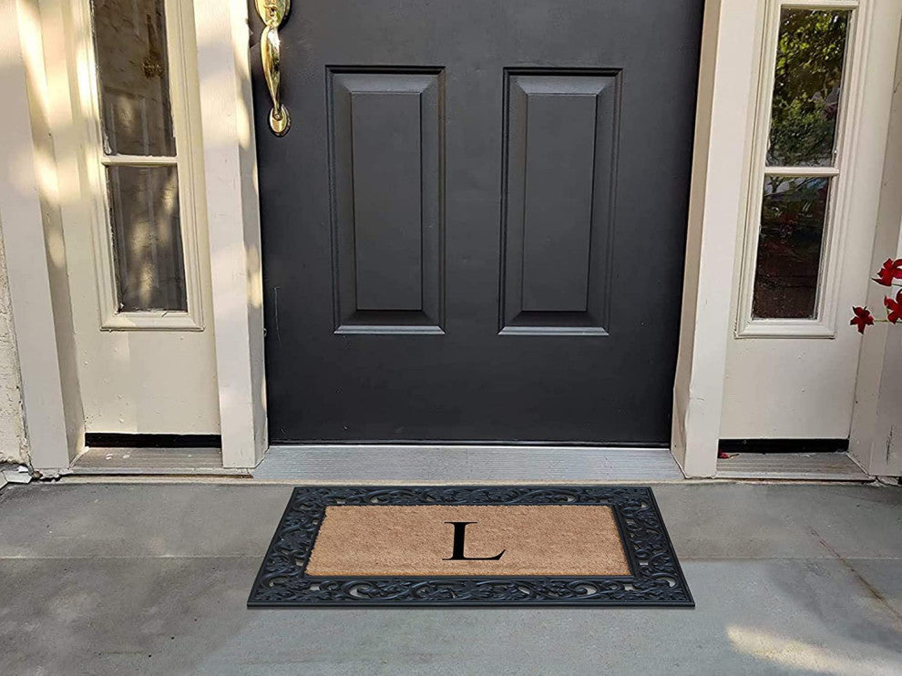 A1HC Floral Border Black 18x30 Rubber and Coir Heavy Duty Monogrammed Doormat, L