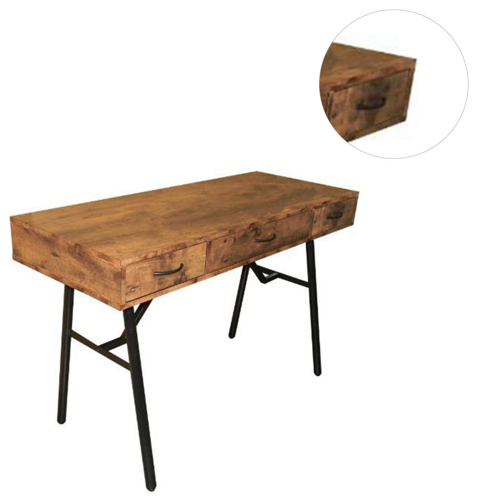3 Drawers Writing Desk, Rustic Oak and Black Finish
