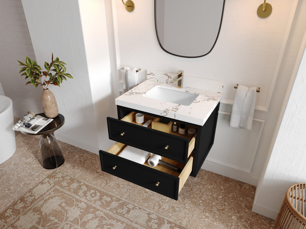 Roswell Floating 30" Single Sink Bath Vanity, Black 2" Calacatta Gold