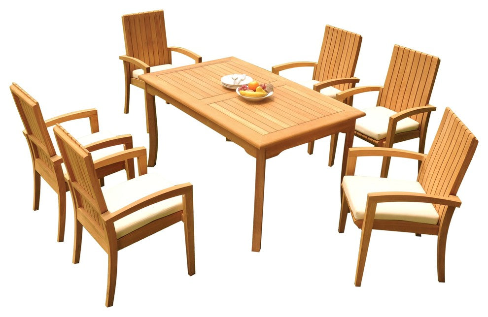 7-Piece Outdoor Teak Dining Set: 71" Rectangle Table, 6 Goa Stacking Arm Chairs