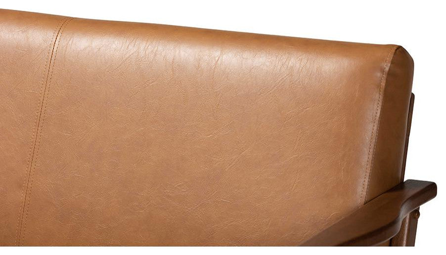 Bianca Mid-Century Brown Finished Wood and Tan Faux Leather Effect Loveseat