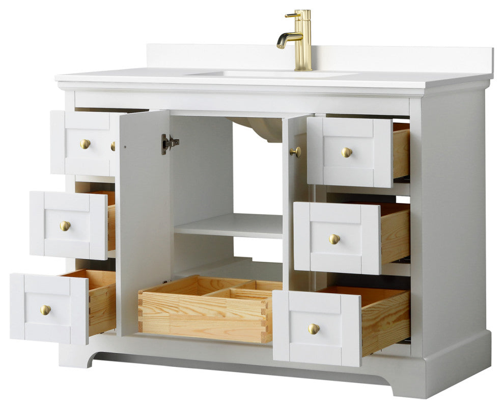 48" Single Bath Vanity, White, White Cult. Marble Countertop, Sink, Gold Trim