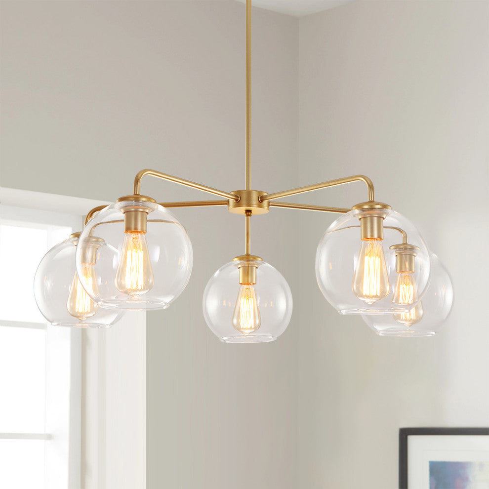 5-Light Glass Bubble Sputnik Light Fixture, Brass