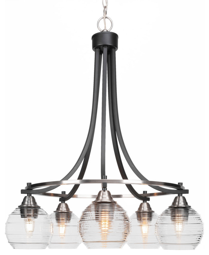 Paramount 5-Light Chandelier, Matte Black & Brushed Nickel, 6" Clear Ribbed
