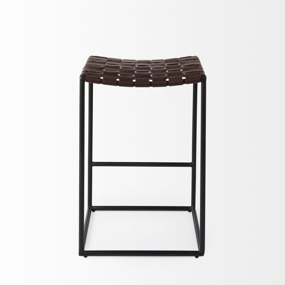 Clarissa Dark Brown Woven Leather Seat with Black Iron Frame Counter Stool