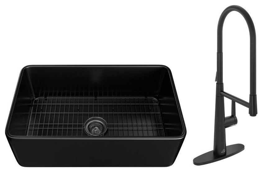 Kitchen Sink Fireclay and Faucet Infrared Pull-out 360 Rotation, Matte Black