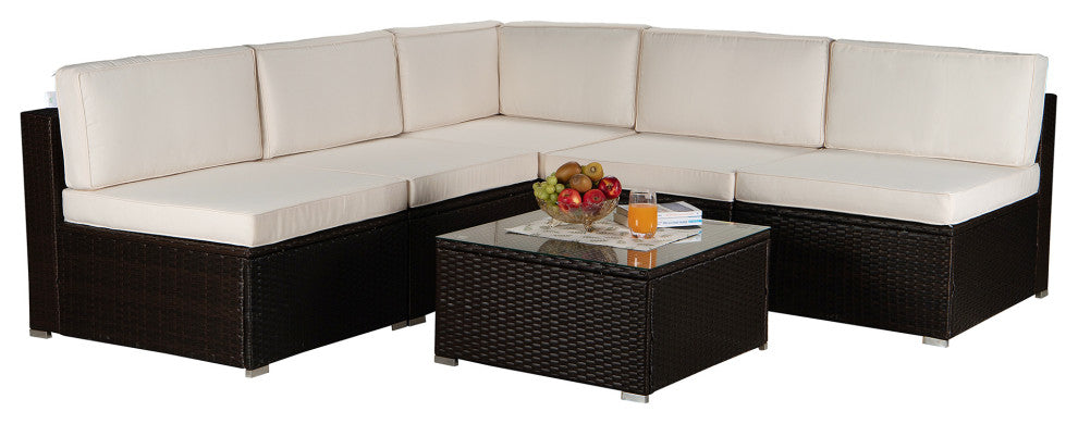 85" Wide Outdoor Wicker Reversible Patio Sectional With Cushions, Beige