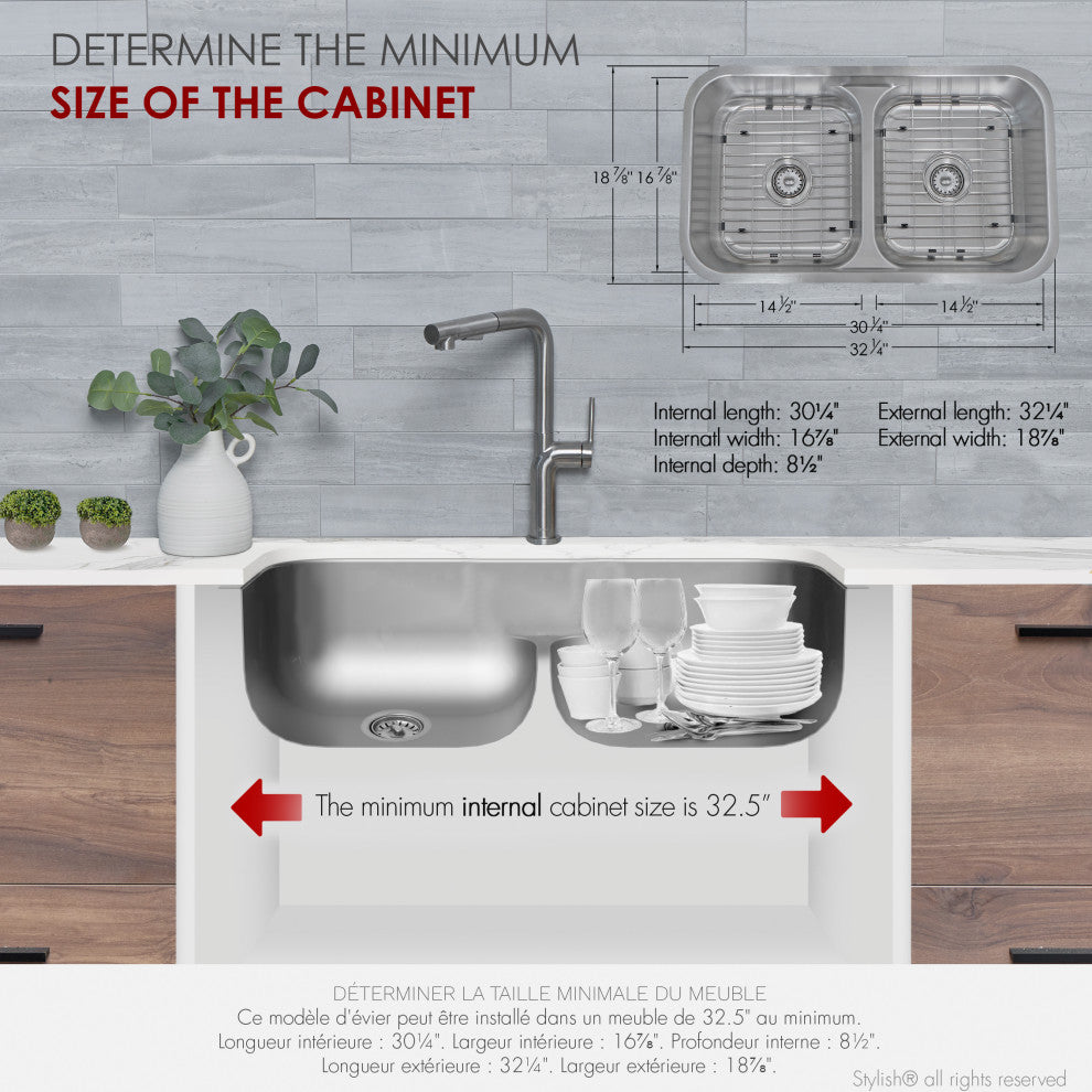 STYLISH 32 Low Divider Double Undermount and Drop-in Kitchen Sink