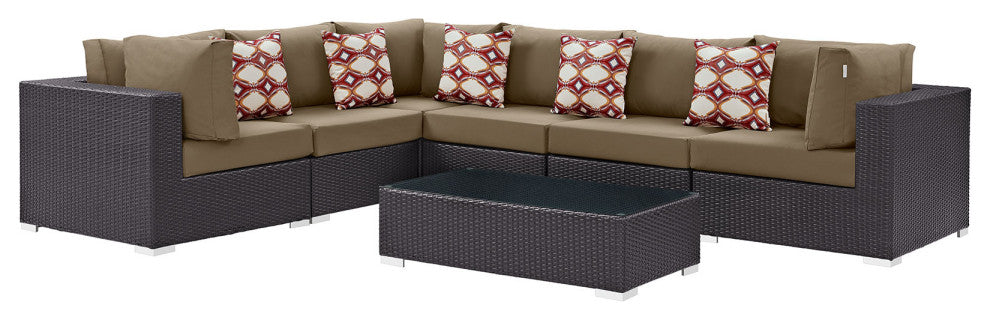 Modway Convene 7 Piece Outdoor Patio Sectional Set, Espresso Mocha