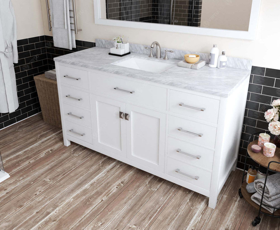 Caroline 60" Single Bath Vanity, White, White Marble Top and Square Sink