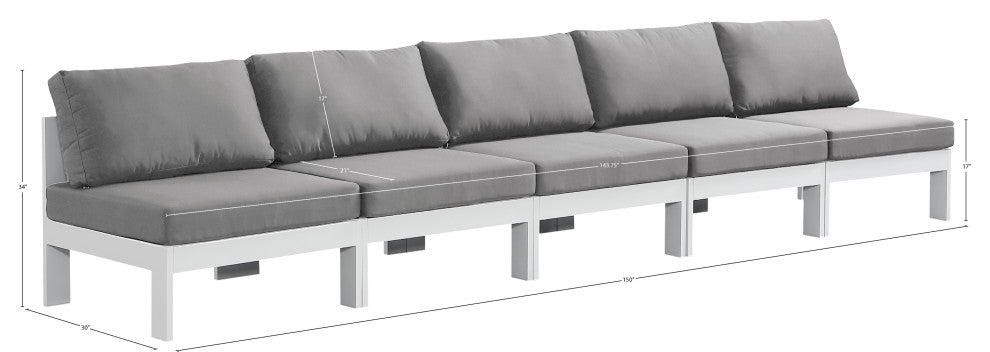 Nizuc Water Resistant Patio Modular Straight Sofa, Gray, 5-Piece: 5 Armless Chair, White Aluminum Frame