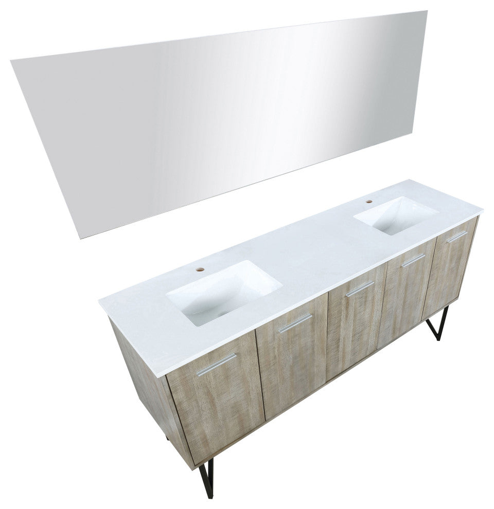 Lancy 72" Rustic Acacia DB Vanity, White Quartz Top, Square Sinks, 70" Mirror