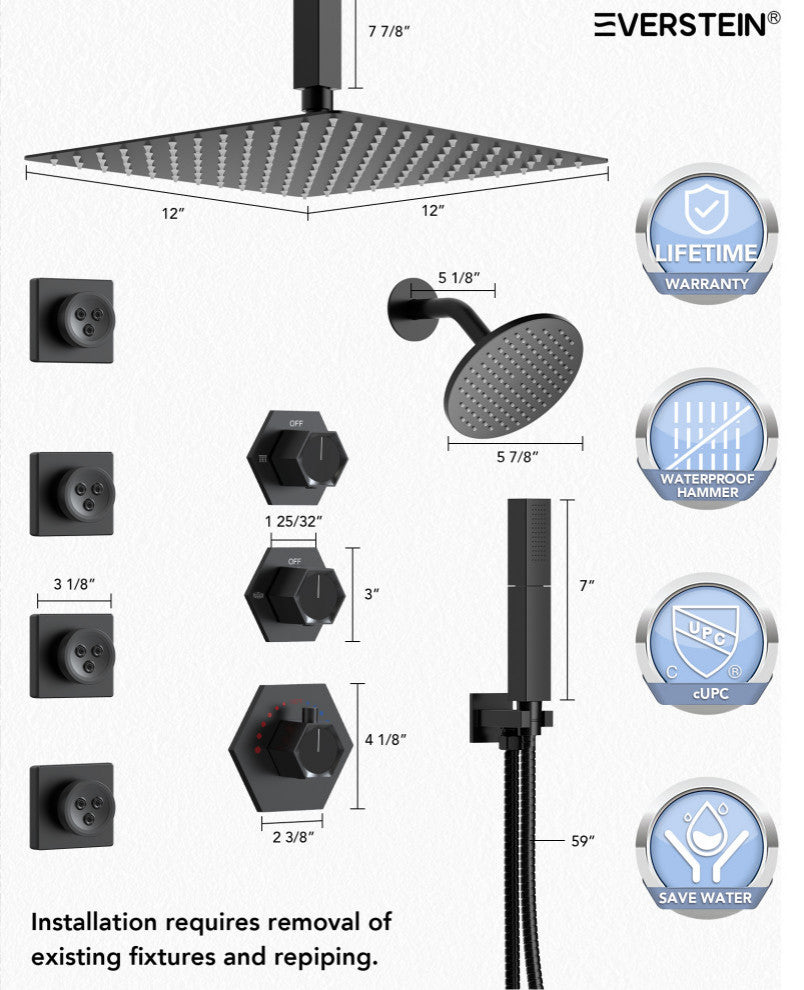 Themostatic Shower System 12" High-Pressure Dual Heads, Matte Black