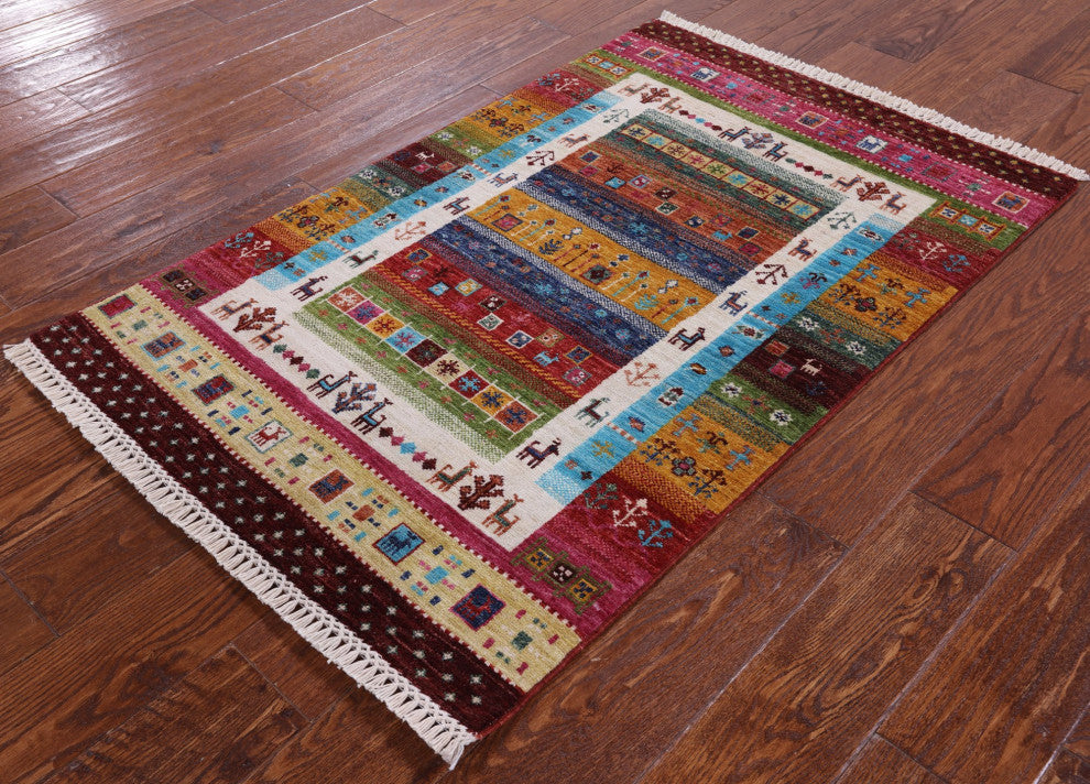 Tribal Persian Gabbeh Hand-Knotted Rug 2' 9" X 4' 2" Q10134