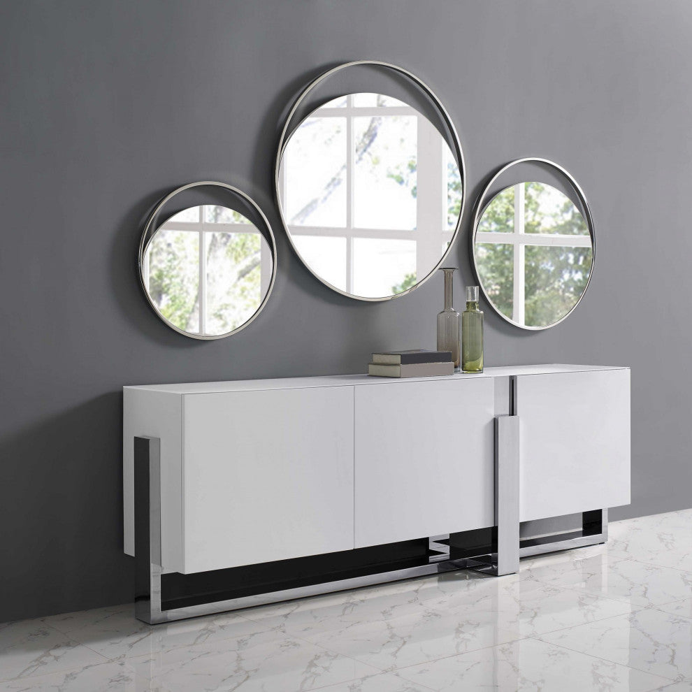 HomeRoots 91" X 18" X 32" White Glass Steel Buffet