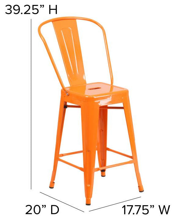 Kai Commercial Grade 24" Metal Indoor-Outdoor Counter Stool w/Removable Seat, Orange/Teak