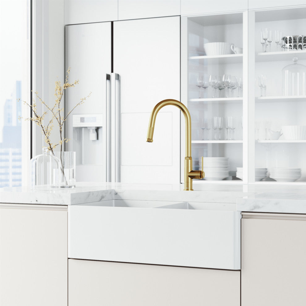 VIGO Hart Arched 18" H Single Handle Pull-Down Kitchen Faucet, Matte Brushed Gold, Without Extras