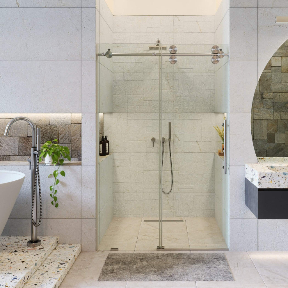 Frameless Clear Sliding Shower Door With Tempered Glass - Shower Bathroom Door, Satin Nickel, 60" X 75", Single Sliding Door