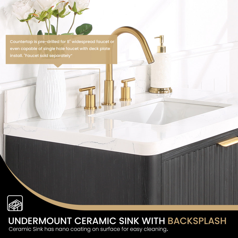 Vinnova Cadiz Bath Vanity, Composite Stone Top, Black, 36", No Mirror