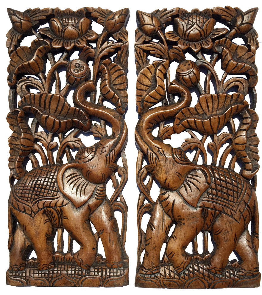 Elephant With Lotus flower Carved Wood Wall Art Decor, Animal Home Decor, Brown