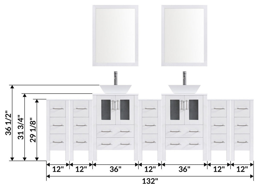 Modern Vanity Set With Two Sink Bases With Mirrors and Five Drawer Bases, White,