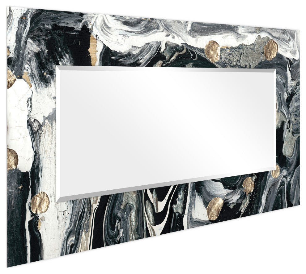 Abstract Rectangular Beveled Mirror on Free Floating Printed Tempered Art Glass