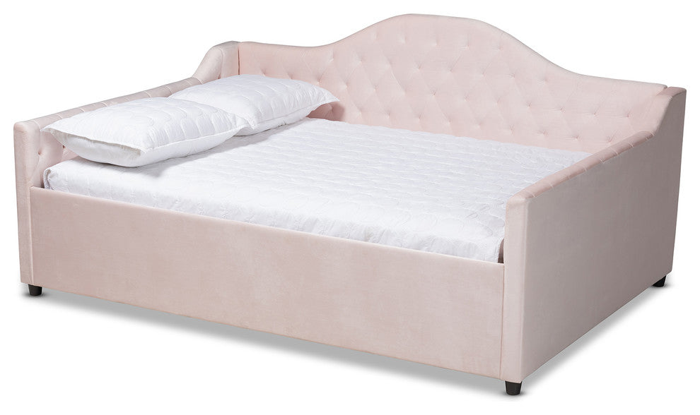 Luanna Light Pink Velvet Fabric Upholstered and Button Tufted Queen Daybed