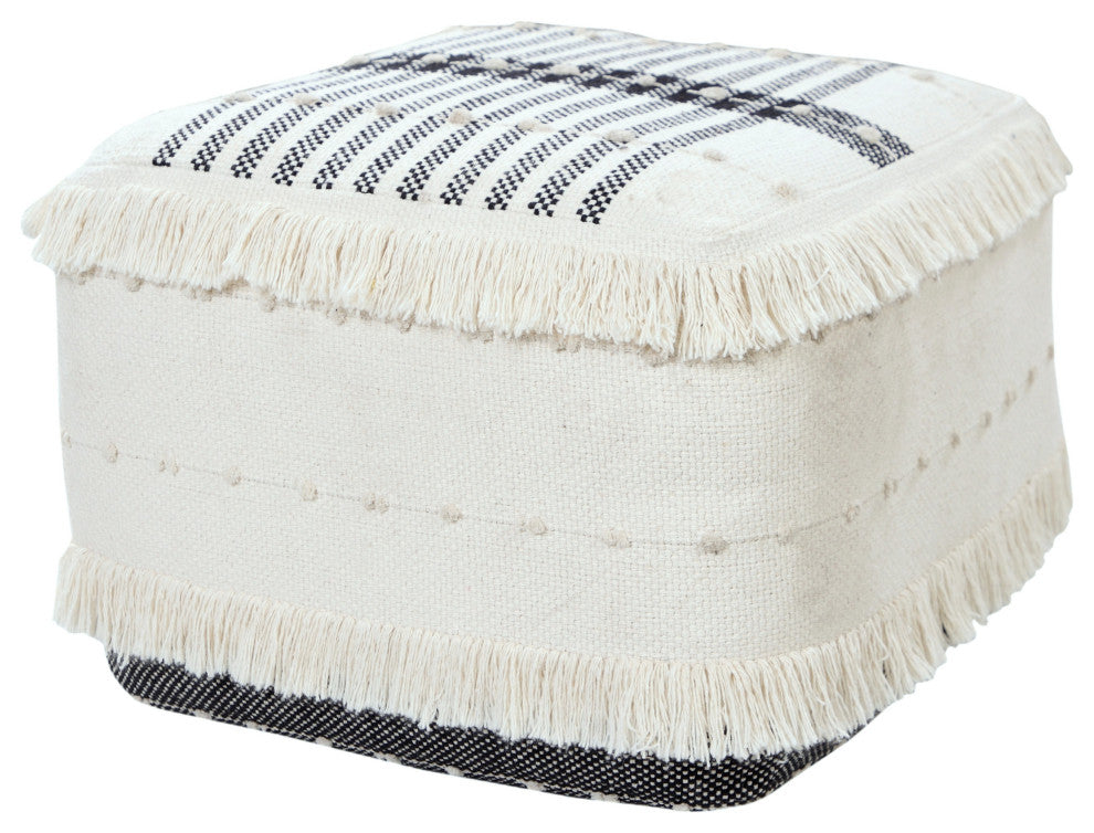 Black and Ivory Farmhouse Chic Shag Stripe Pouf Ottoman