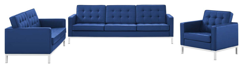 Tufted Armchair and Loveseat Sofa Set, Faux Leather, Silver Blue Navy, Modern