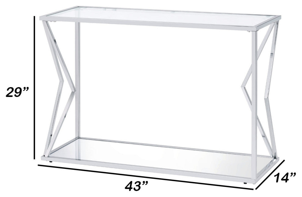 Benzara BM250392 Sofa Table With Glass Top and Bottom Shelf and Accent, Silver
