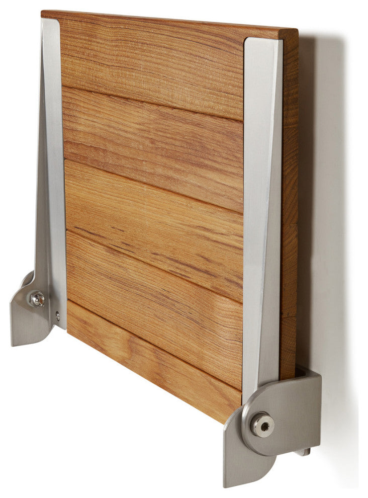 SlimLine Natural Teak Wood Folding Shower Bench Seat, Silver Frame