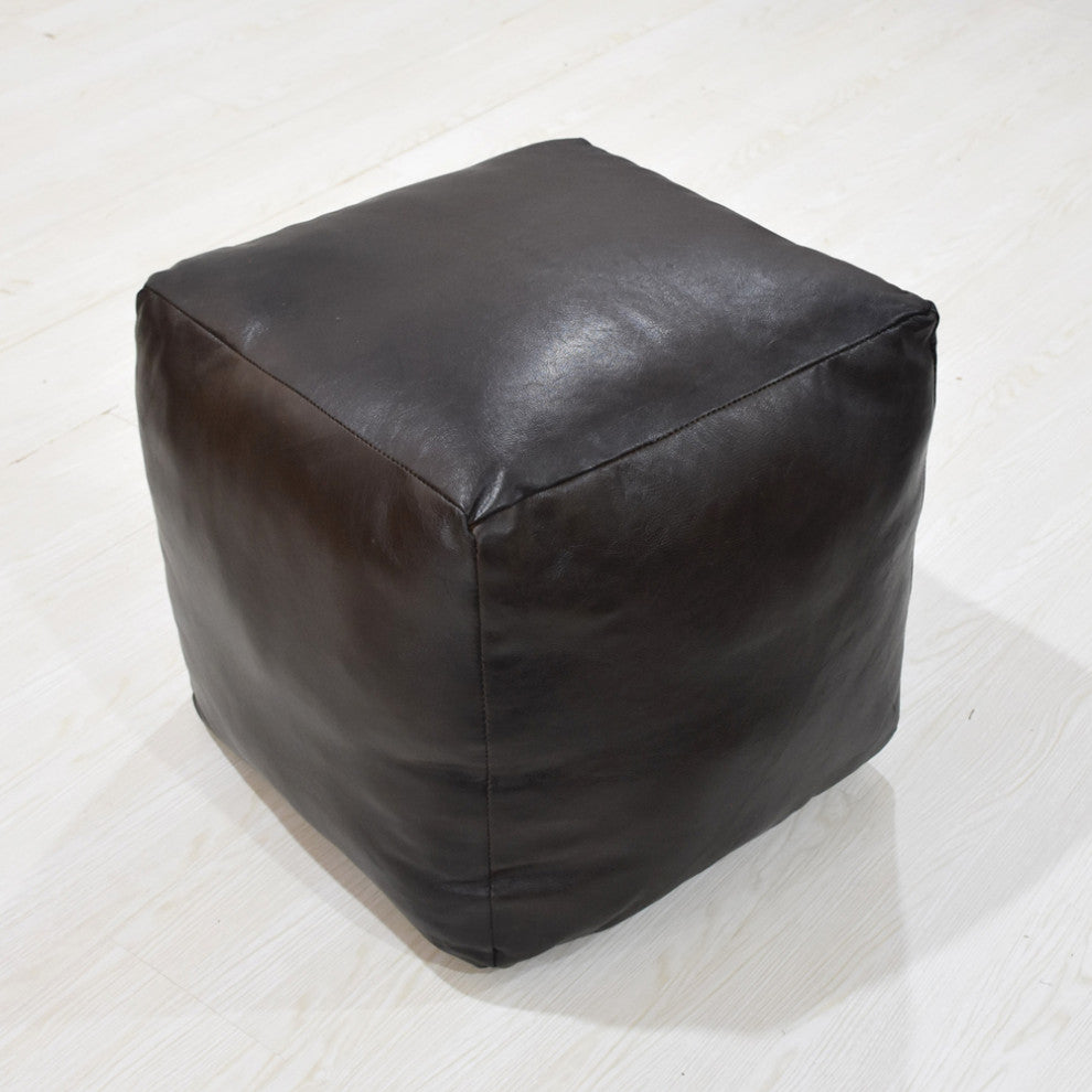Poufs-Solid Goat Leather Pouf, Handmade (Recycled Cotton Fill), (Square)14x14x14