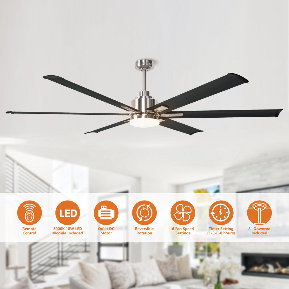 72 Brushed Chrome  Down Rod Mounted 6 Blades Ceiling Fan with Remote Control