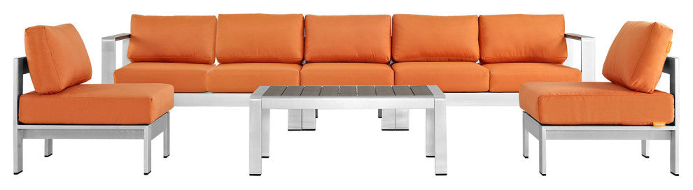 Modway Shore 6 Piece Outdoor Patio Aluminum Sectional Sofa Set, Silver Orange