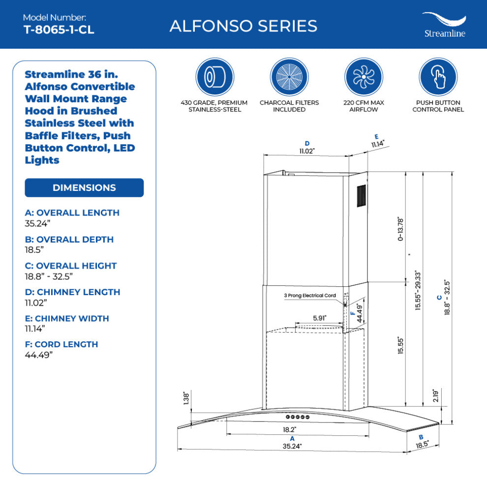 Streamline 36" Alfonso Convertible Wall Mount Range Hood, Stainless Steel