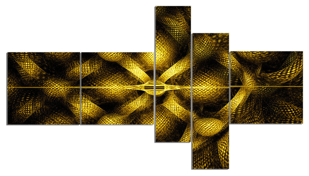 Golden Fractal Watercolor Pattern, Abstract Art on Canvas, 60"x32", 5 panels