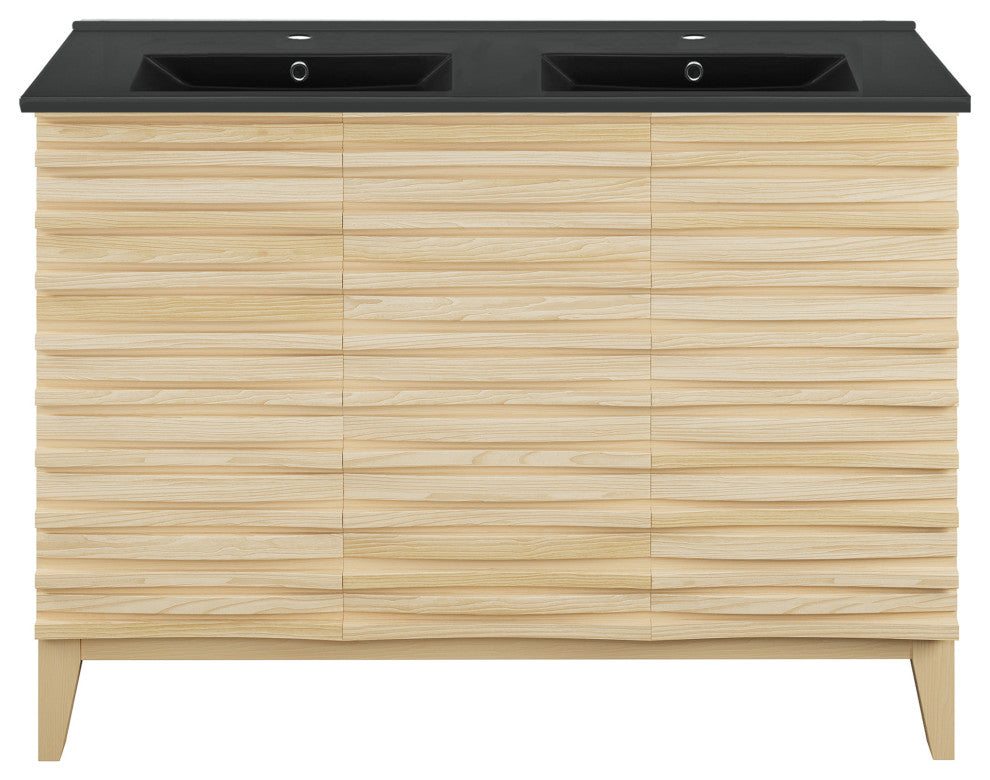 Cascade 48" Natural Oak, Double Basin Bathroom Vanity With Black Sink Top