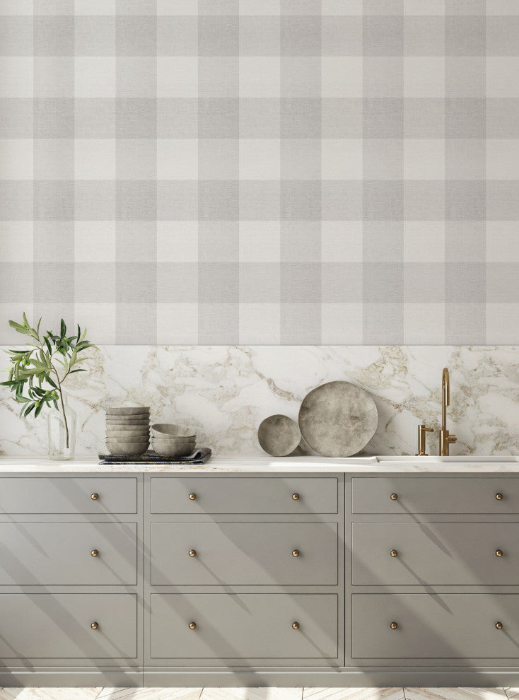 Checkered Fabric Look Medium Peel and Stick Vinyl Wallpaper, Gray, 24"x108"