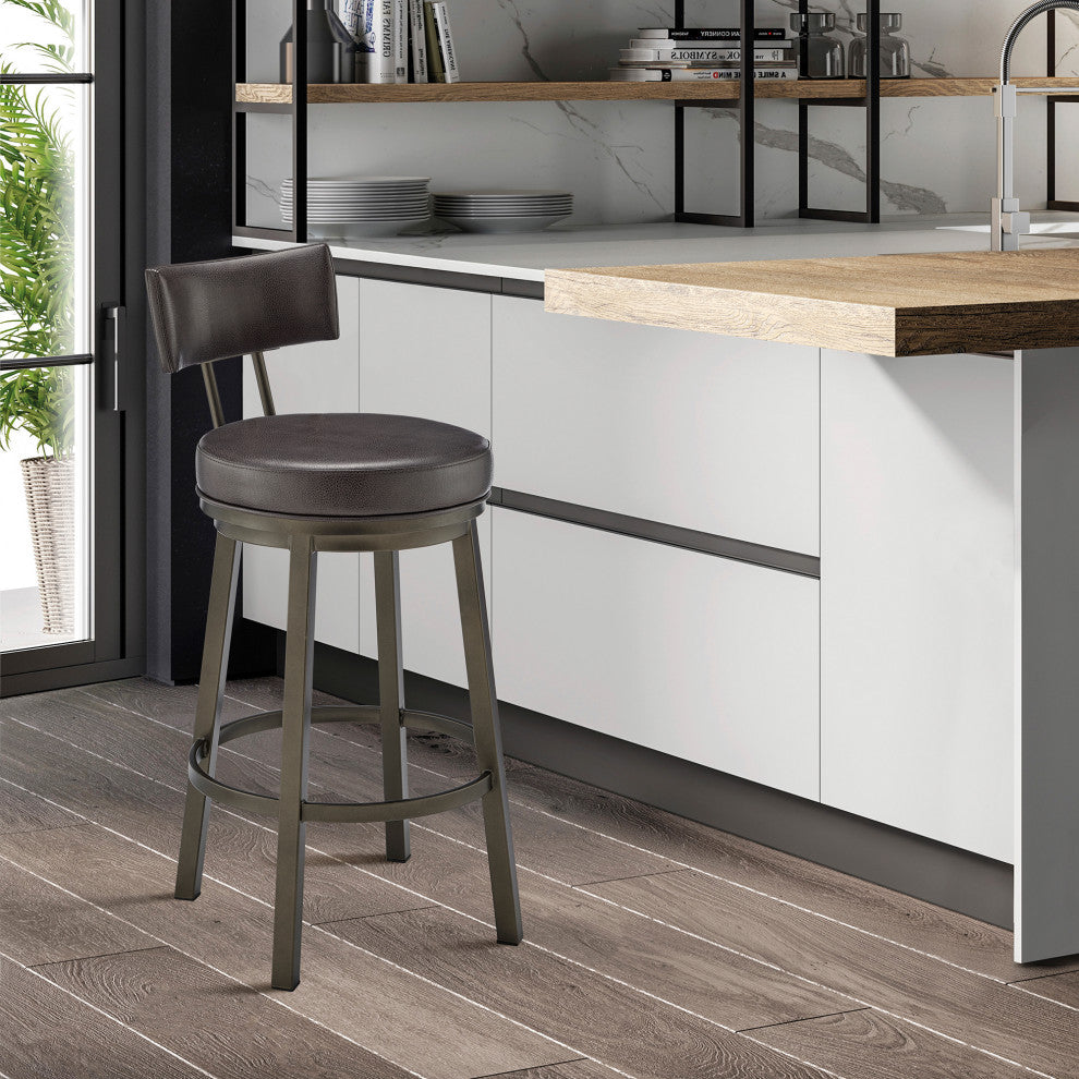 Dalza Swivel Counter or Bar Stool in Mocha Finish with Brown Faux Leather, 30