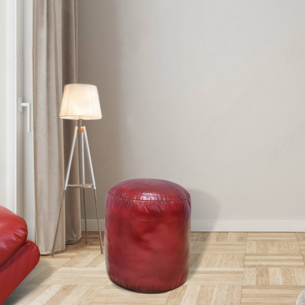 Pouf-Solid Handmade Leather Pouf (Recycled Foam with Fiber Fill), Dark Pink, (Round) 14x14x14