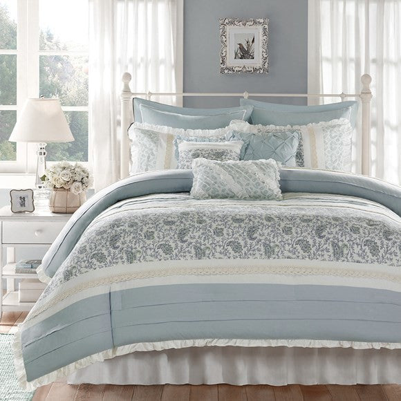 Madison Park Printed-Pieced 9-Piece Comforter Set With Pintuck, Queen