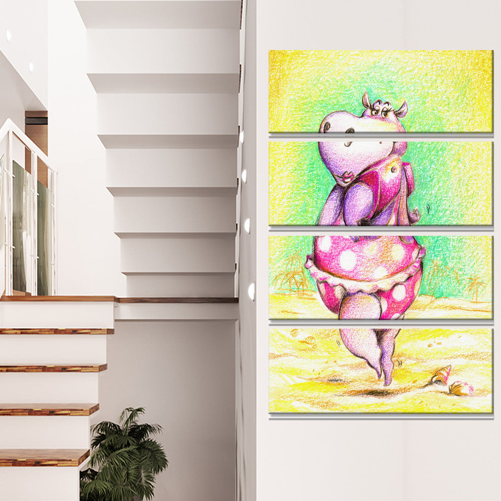 Cute Hippo Goes Swimming, Abstract Canvas Art Print, 28"x48", 4 Panels