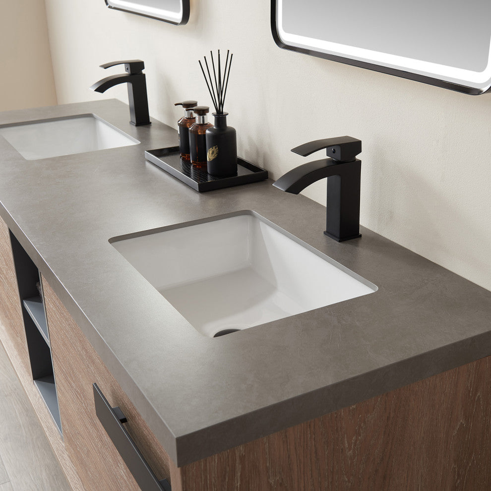 Carcastillo Bath Vanity, Oak With Sintered Stone Top, 72", With Mirror