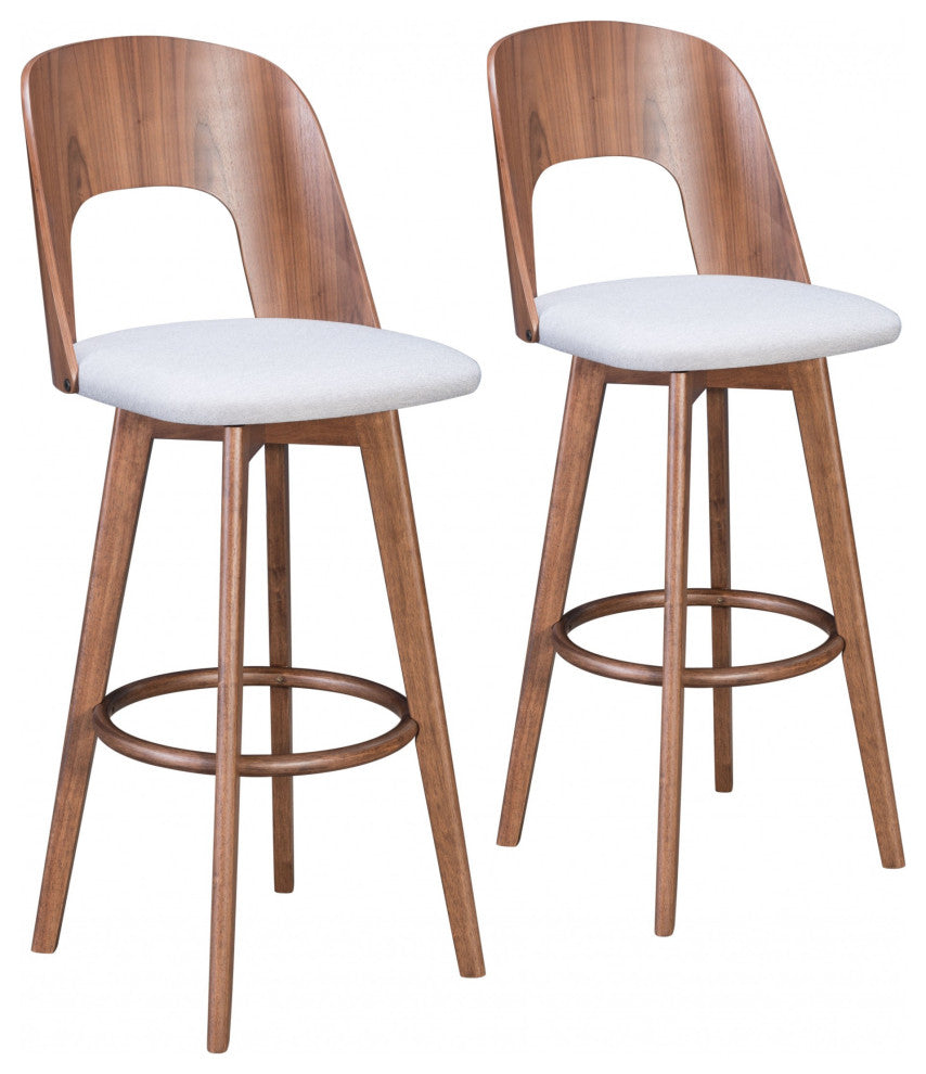 Set of Two Walnut and Light Gray Modern Retro Bar Chairs