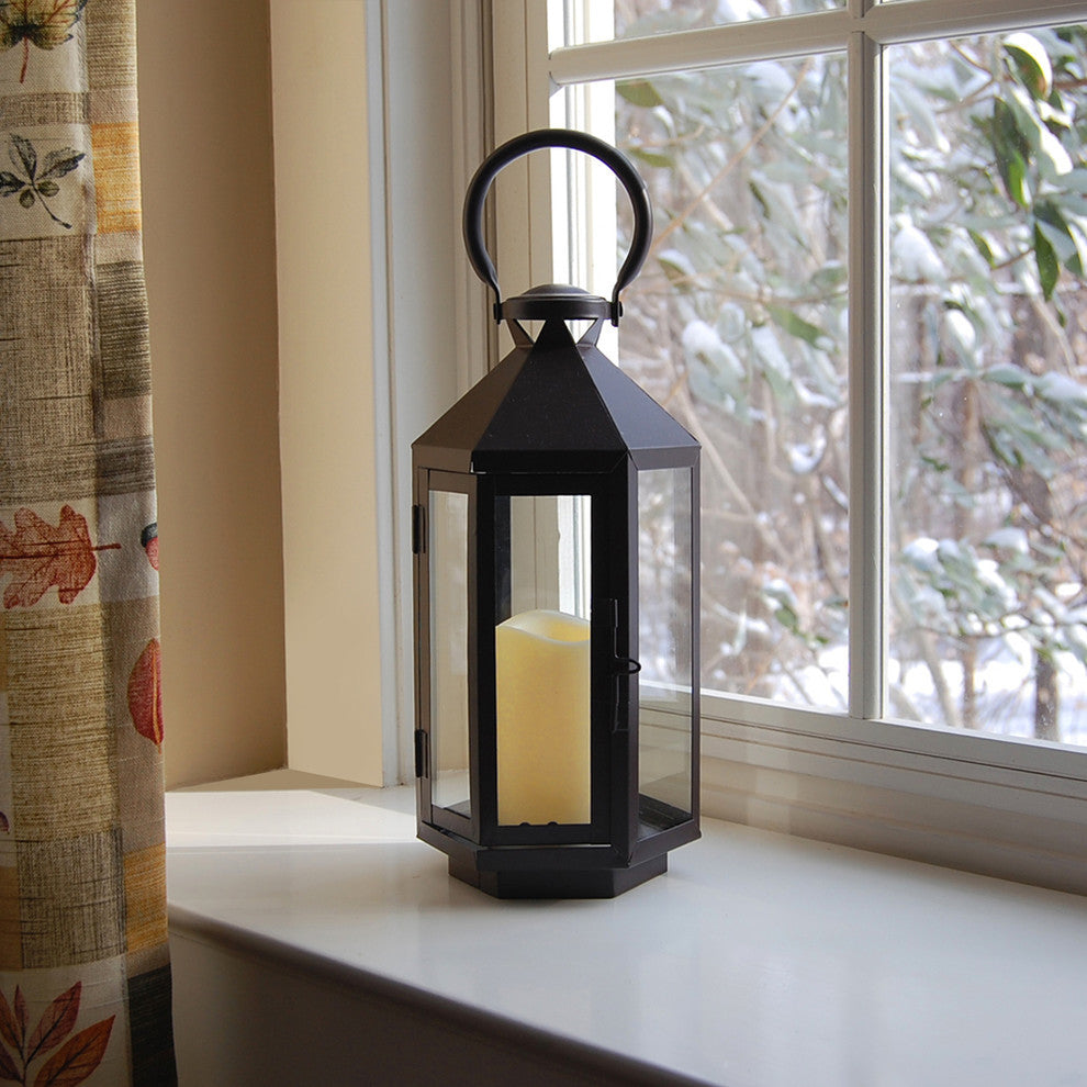 Black Hexagon Lantern With LED Candle