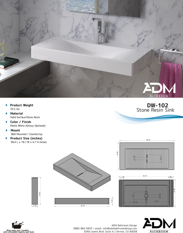 ADM Rectangular Wall Mounted Sink, White, 39", Glossy White