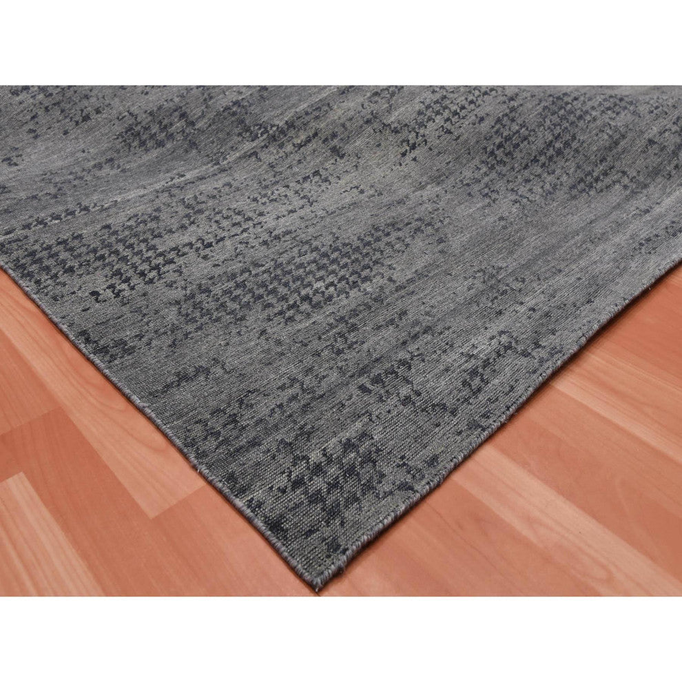 Black and Gray Modern Design Zero Pile Pure Silk Hand Knotted Rug, 8'0"x10'1"